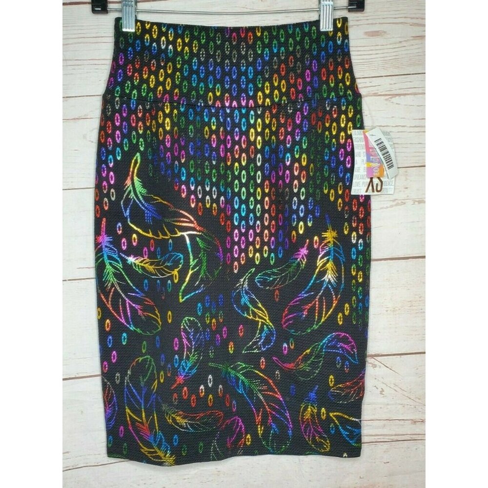 Rare Lularoe Cassie XS Feather Multicolored Foil Black Poly/Spandex Skirt